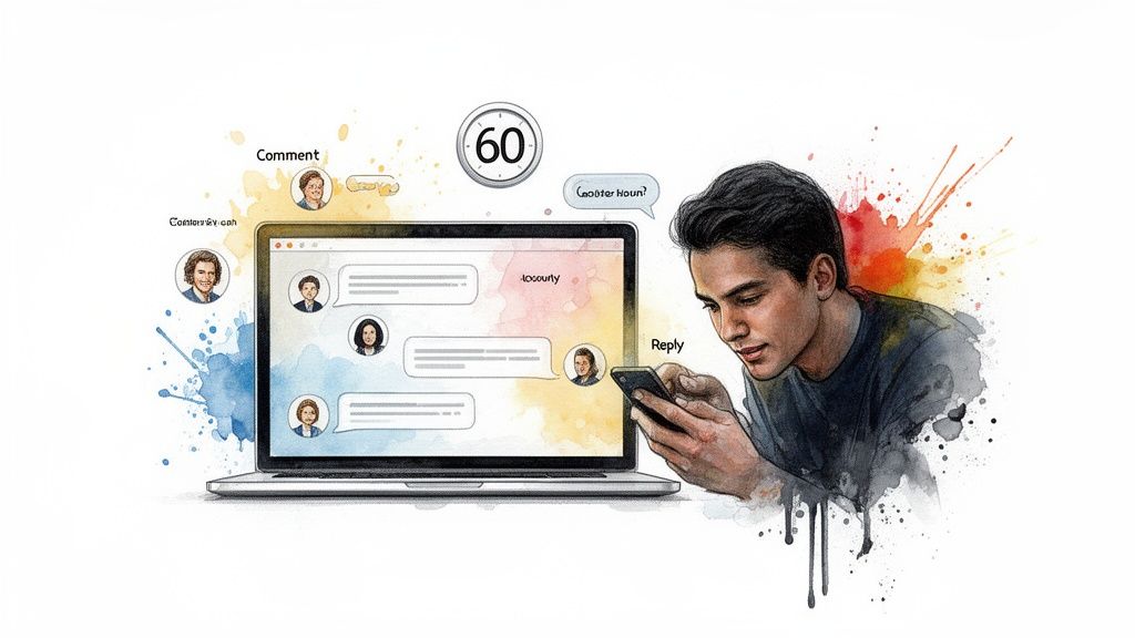 A man interacts with his phone while a laptop shows online chat with multiple user profiles and a 60-second timer.