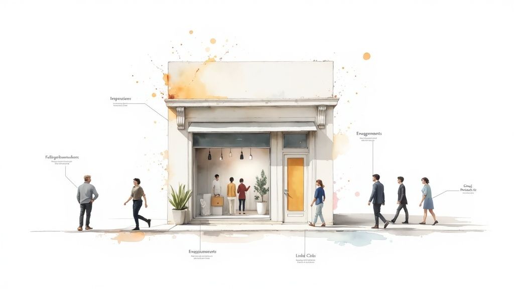 Illustrated retail storefront visualizing customer engagement, impressions, and foot traffic for business analytics.