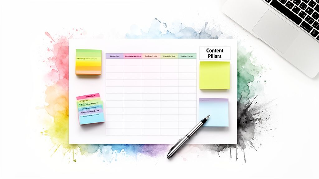 Creative content planning workspace flat lay with a grid, colorful sticky notes, pen, and laptop.