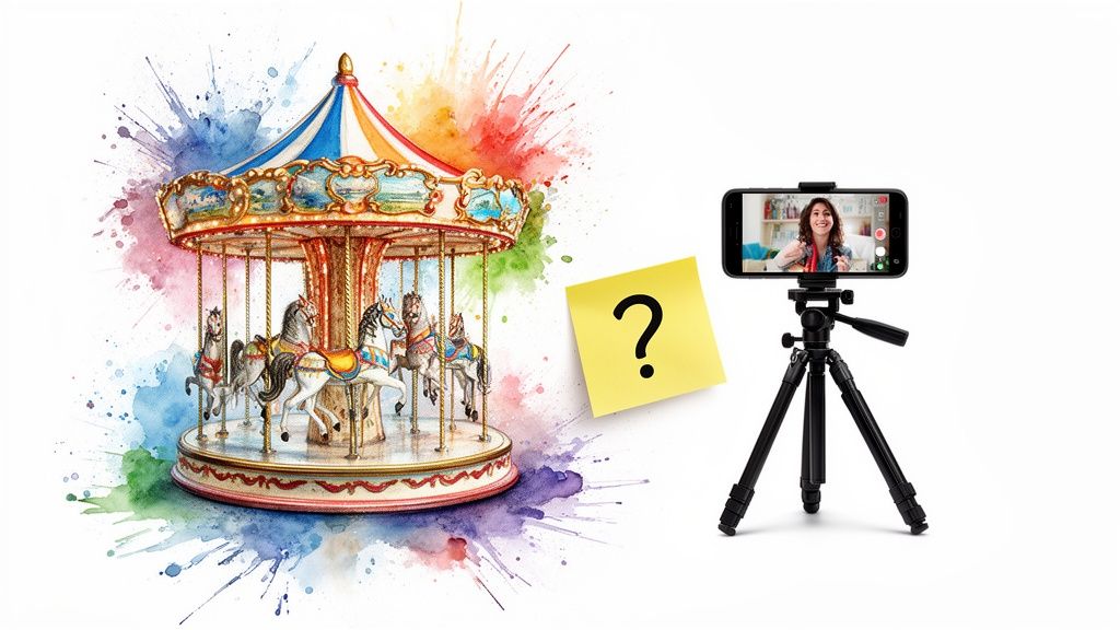 A watercolor carousel, a smartphone on a tripod showing a woman, and a question mark note.