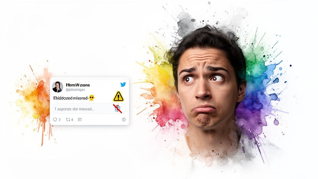 A confused man looks at a Twitter-like post with warning signs and nonsensical text, surrounded by colorful watercolor splatters.