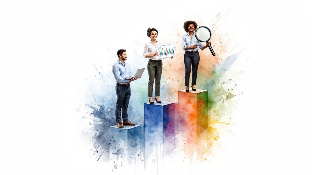 Three diverse business professionals stand on ascending bar graph columns, holding a laptop, chart, and magnifying glass.
