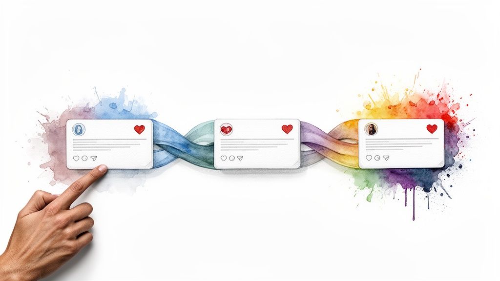 A hand points to a social media post with a heart icon, connected to others by a colorful ribbon.