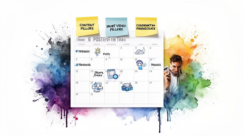 A creative marketing content calendar with tasks, sticky notes, and a man holding a phone, against watercolor art.