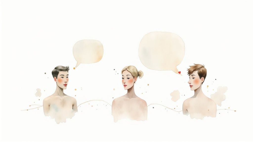 Three illustrated people with speech bubbles engaged in social media conversation and communication