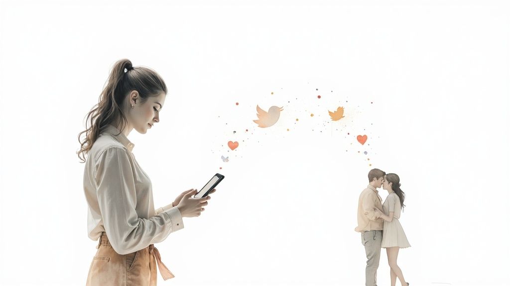 A group of diverse people engaging in a lively conversation, with social media icons floating above them, representing community and interaction on Twitter.