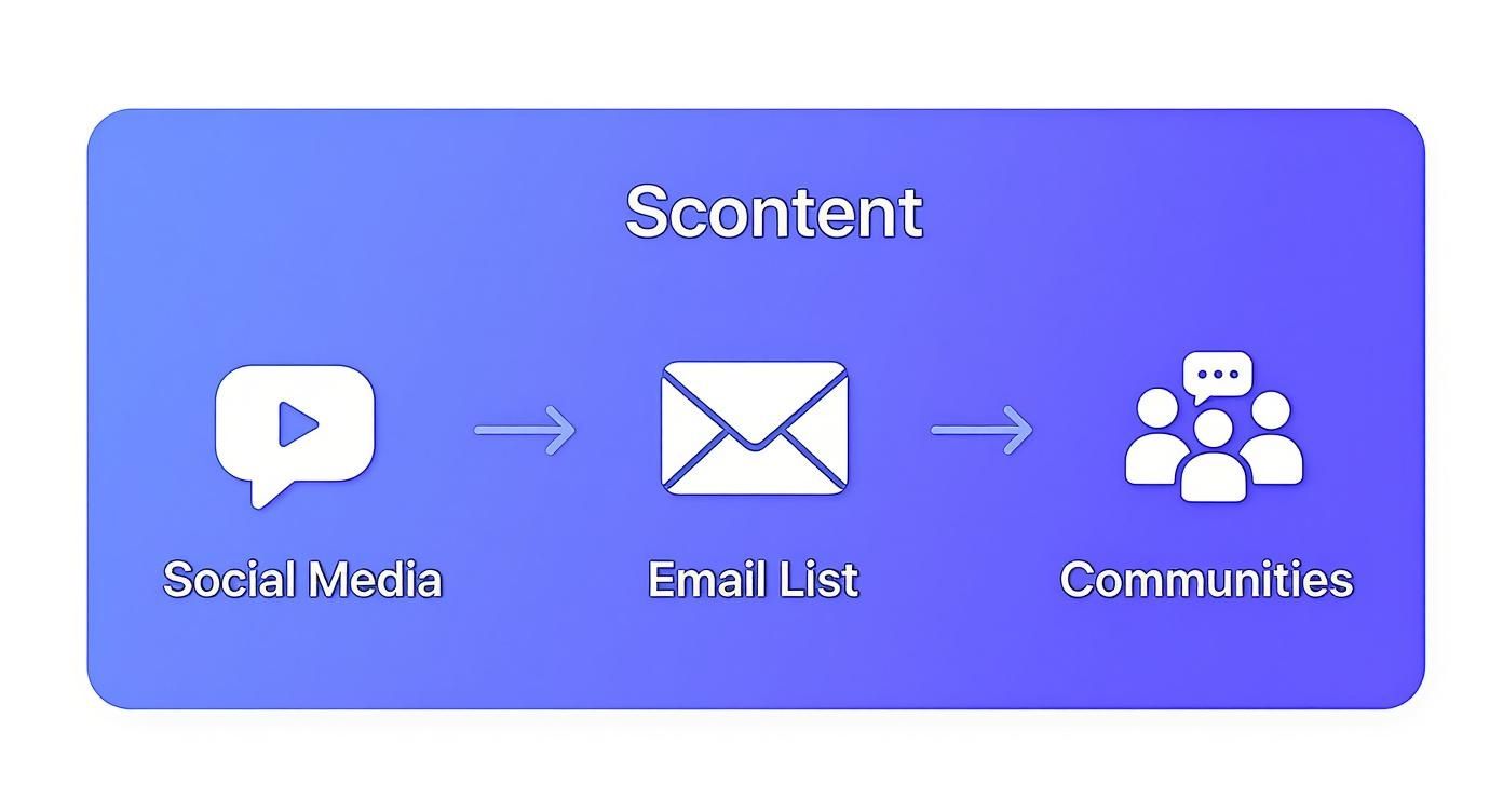 Infographic showing key content promotion channels: Social Media, Email List, and Communities.