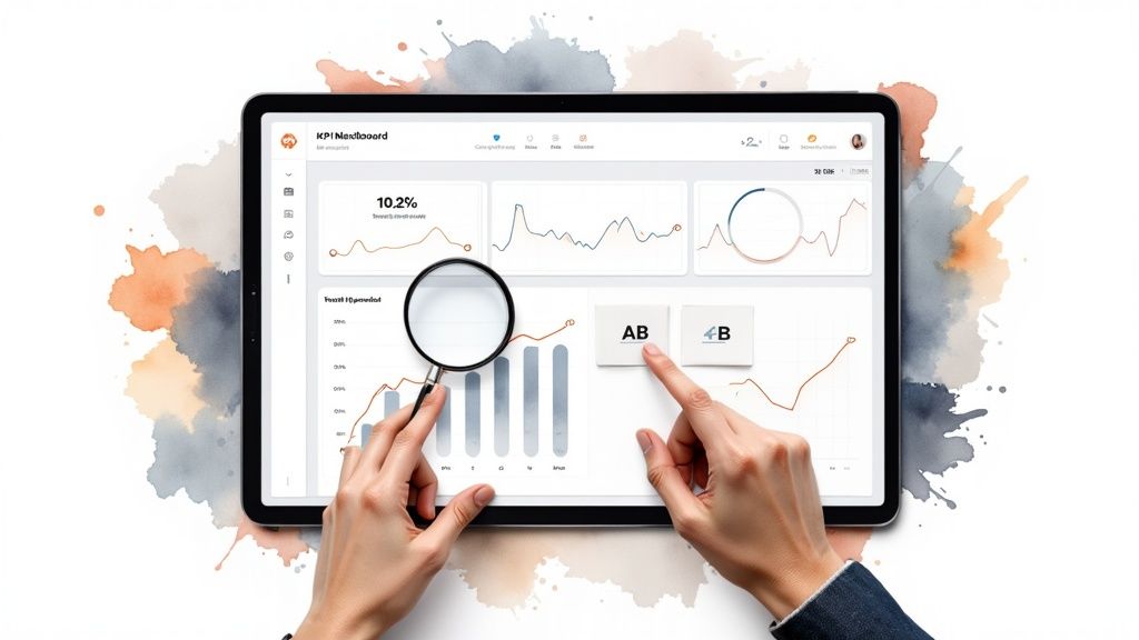 Hands analyzing a KPI dashboard on a tablet with charts, graphs, and an A/B test option.