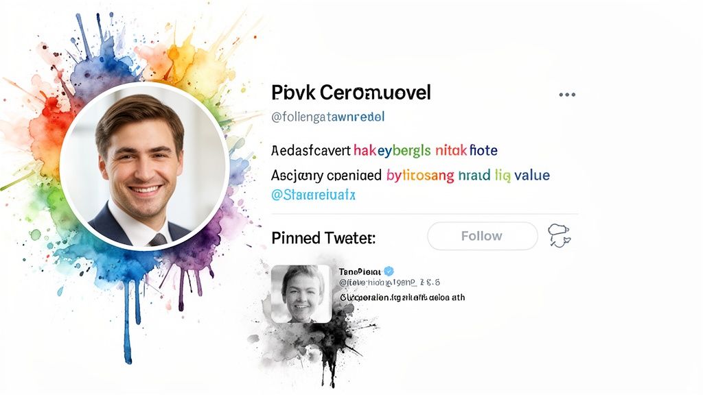 A Twitter-like profile page features a smiling man's portrait surrounded by vibrant watercolor splatters.
