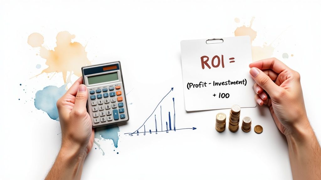 Hands holding a calculator and an ROI formula board with a growth chart and coins.