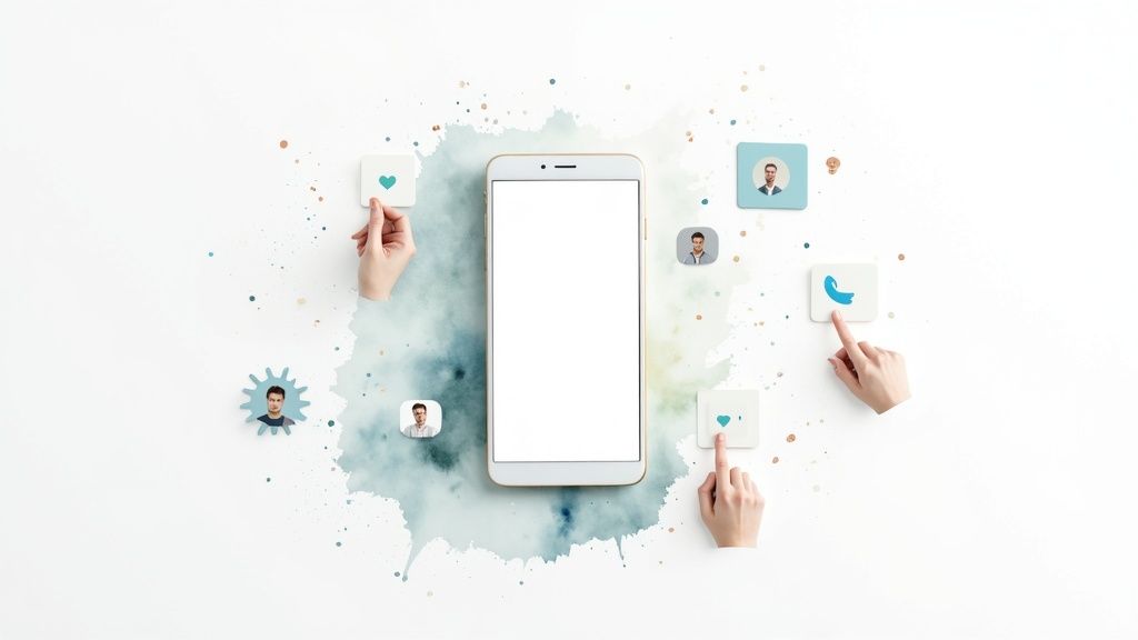 Smartphone with social media engagement icons, profile photos, and hands interacting with digital interface elements