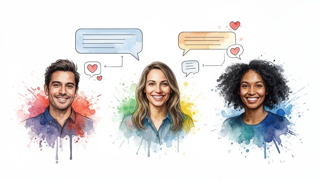 Three diverse people smiling in a watercolor style with chat bubbles and heart icons.