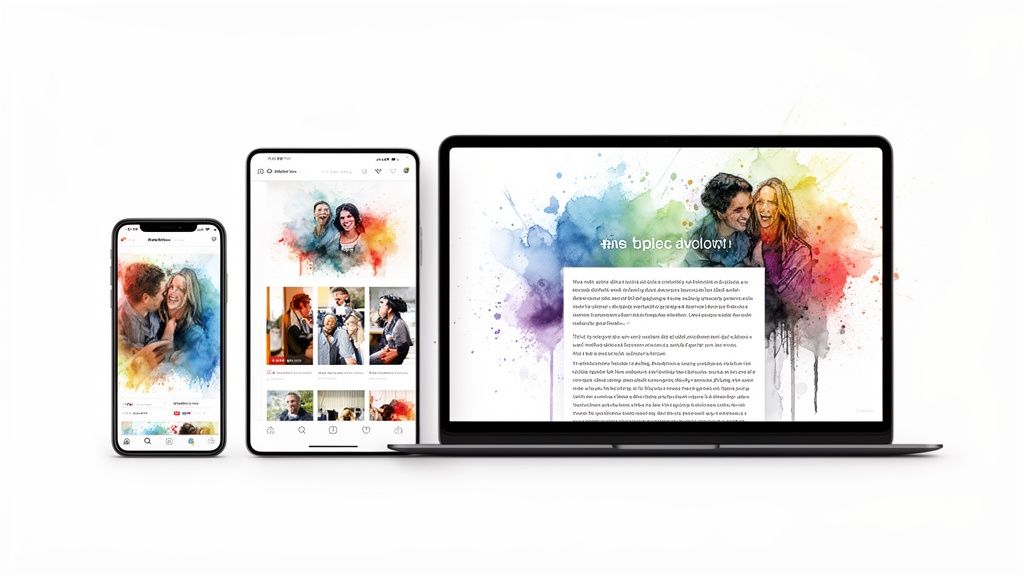 Digital devices (smartphone, tablet, laptop) displaying colorful social media content with watercolor art.