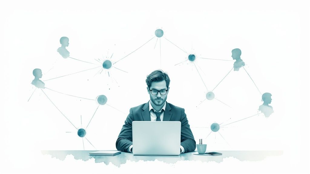 Professional man in glasses working on a laptop with an abstract social network graphic behind him.