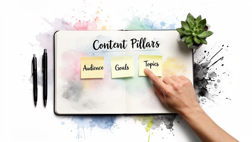 A notebook titled 'Content Pillars' with sticky notes 'Audience', 'Goals', 'Topics' and a hand pointing.