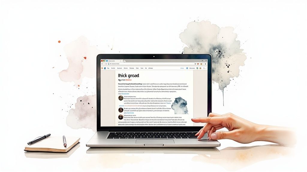 A person's hand interacts with a silver laptop displaying a web page, with a notebook and pens nearby.