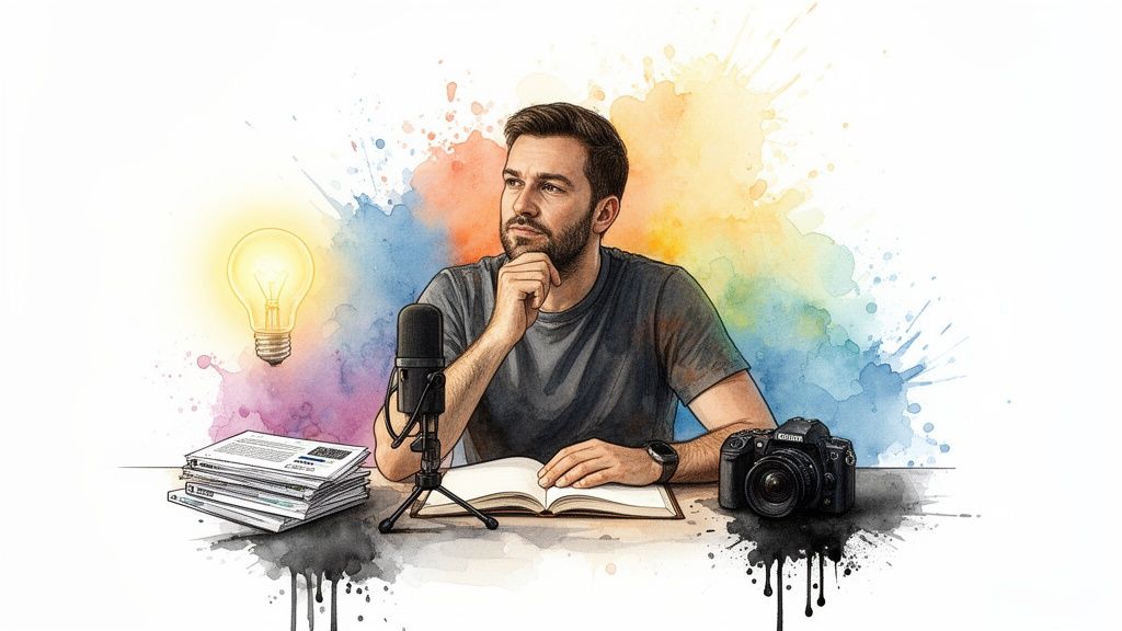 Watercolor illustration of a thoughtful man with a lightbulb idea, microphone, camera, and book.