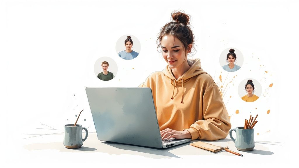 A young woman smiles while typing on a laptop, surrounded by profile pictures of diverse individuals.