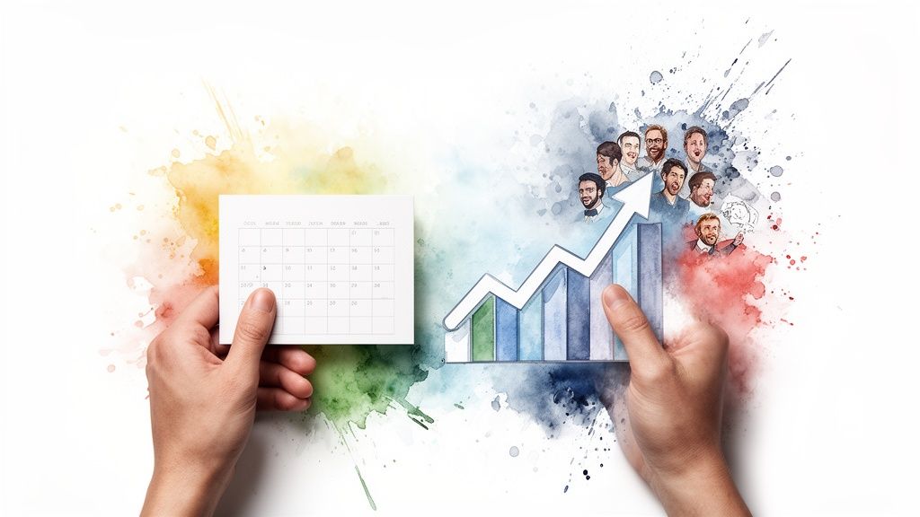 Hands hold a calendar and a growth chart with diverse men's faces over watercolor splashes.