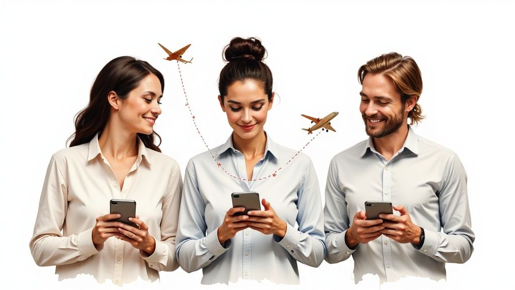 Three happy individuals engaged with their mobile phones, connected by illustrative flight paths.