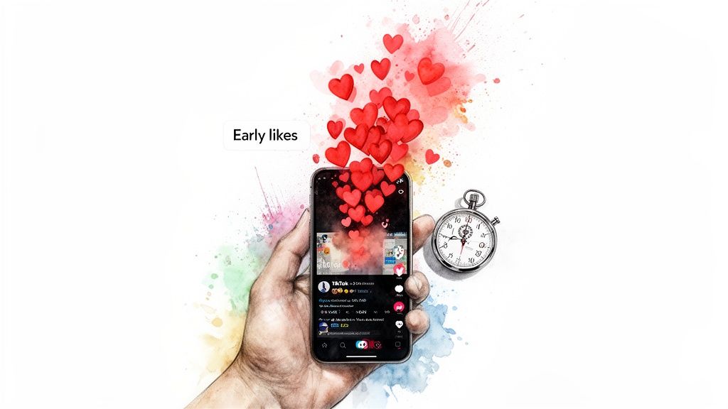 A hand holds a smartphone displaying the TikTok app, with numerous red hearts emerging, symbolizing early likes, beside a stopwatch.