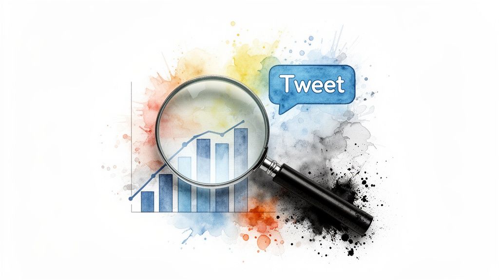 A magnifying glass over a rising bar graph and 'Tweet' bubble on a colorful splash background.