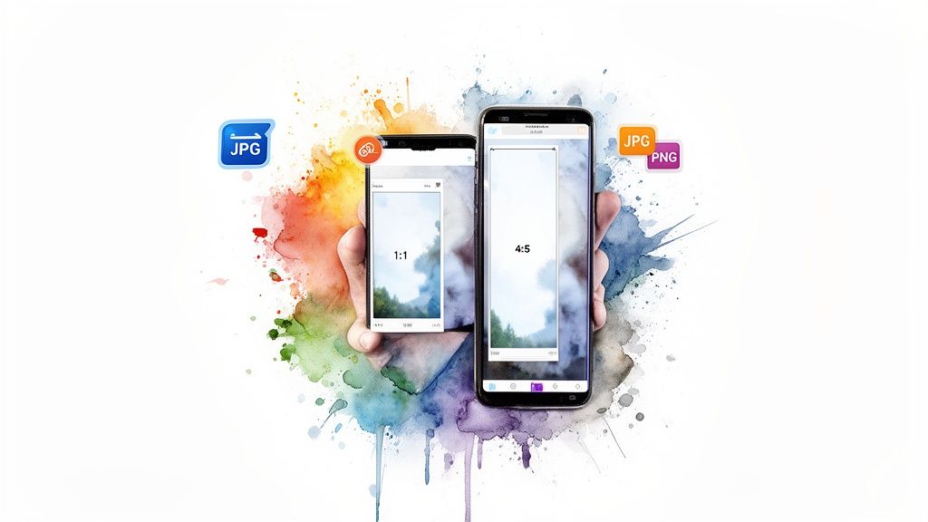 Hands holding smartphones display 1:1 and 4:5 image aspect ratios, with JPG and PNG icons.
