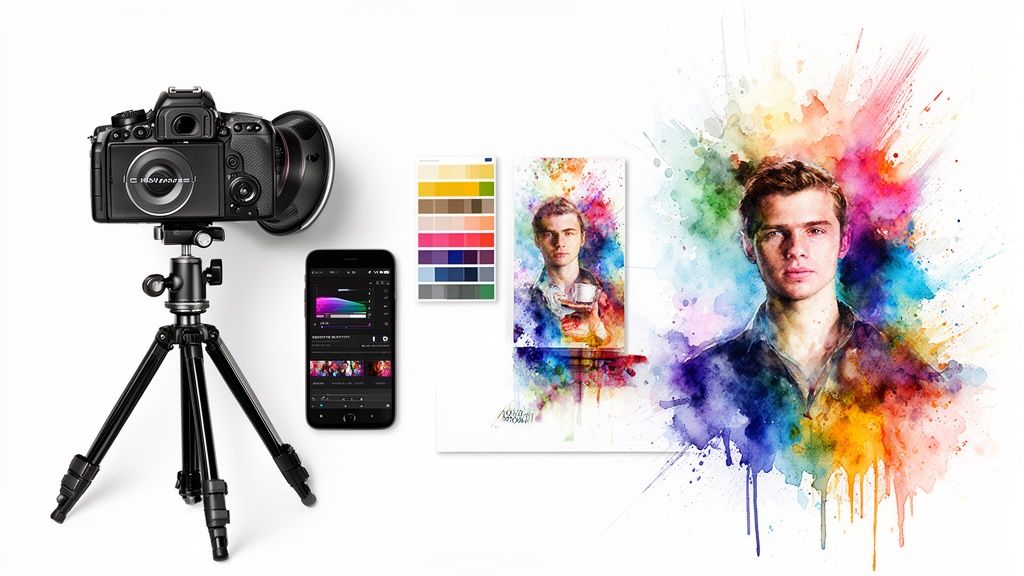 Camera on tripod, smartphone, color palette, and artistic watercolor portraits of a man for creative photography.