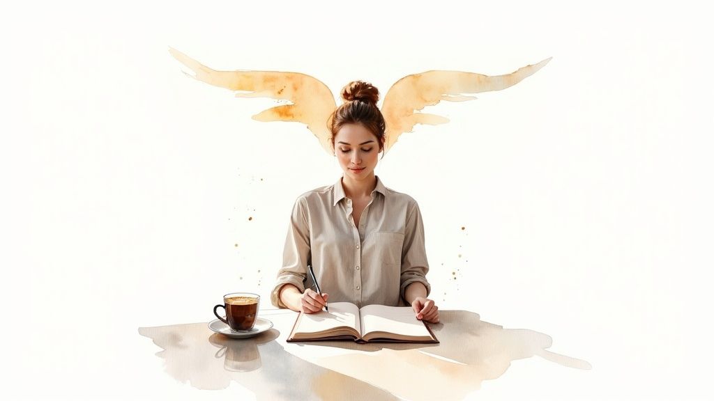 A woman with a bun writing in a book, with watercolor wings and a coffee cup.