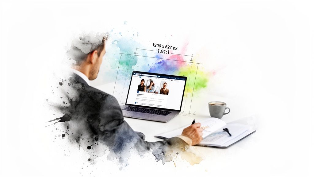 Businessman reviewing LinkedIn post image size guidelines on a laptop with a creative watercolor effect.