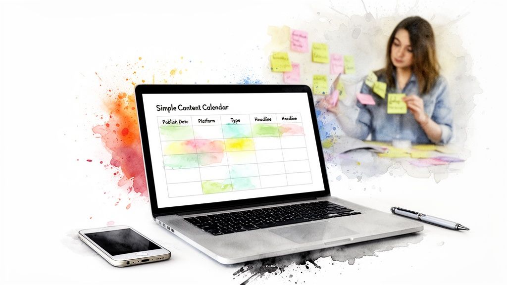 A laptop displays a simple content calendar, alongside a smartphone and pen, with a person organizing sticky notes in the background.