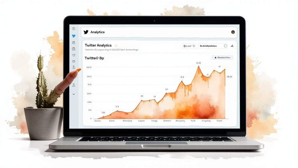 Laptop displaying Twitter Analytics graph, a finger pointing at the screen, and a cactus.