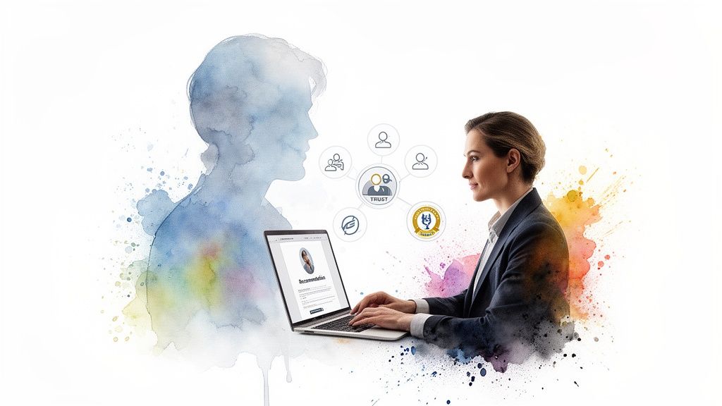 Professional woman typing a recommendation on laptop, with network of digital trust icons.