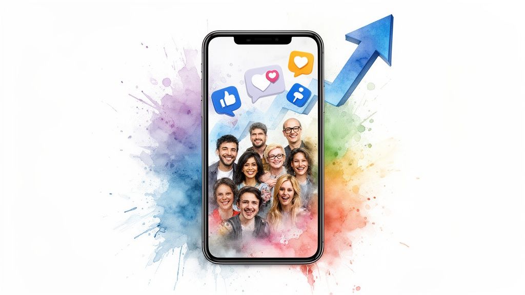 Diverse people on a smartphone screen with social media icons and a rising arrow, representing community and growth.