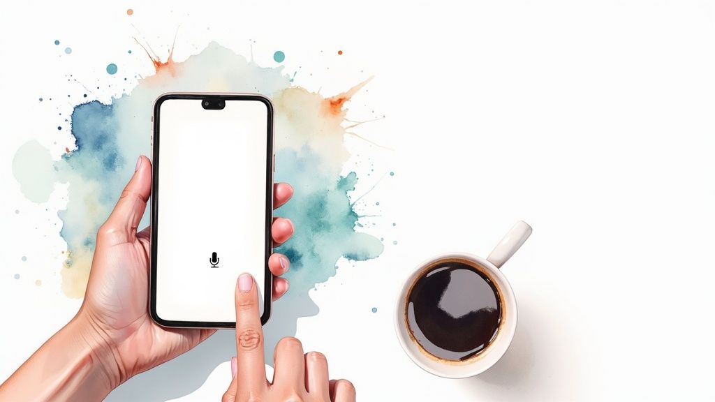 A hand holds a smartphone with a blank screen and a microphone icon, with a coffee cup beside watercolor splashes.