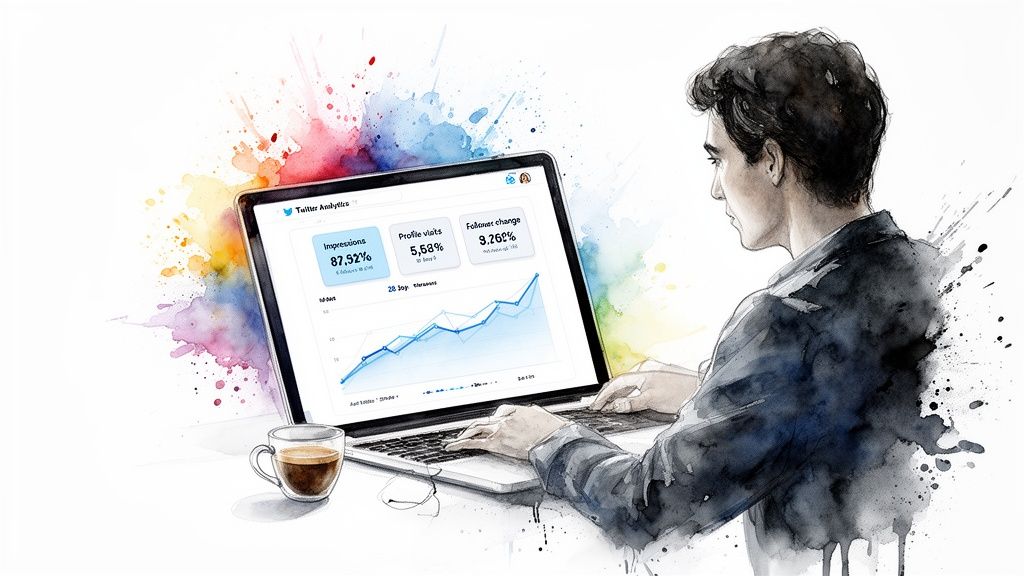 A watercolor illustration of a man analyzing Twitter analytics data on a laptop, with a coffee cup.