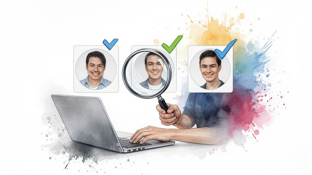 Hands on a laptop, magnifying glass over profile pictures with checkmarks, indicating selection.