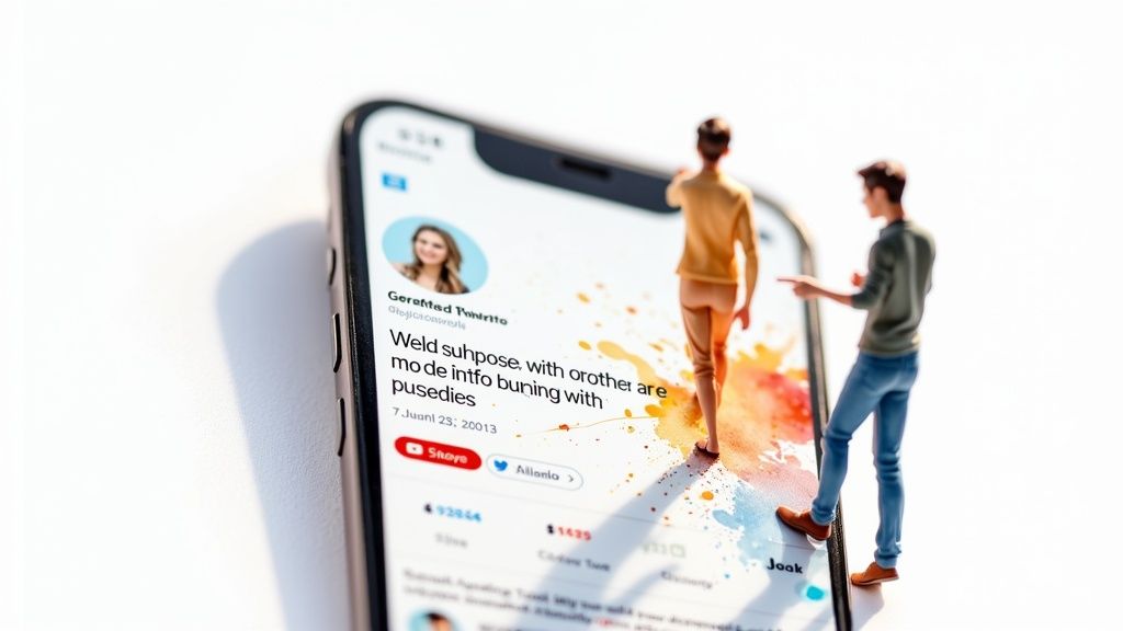 Miniature people figures standing on smartphone displaying social media profile and engagement metrics