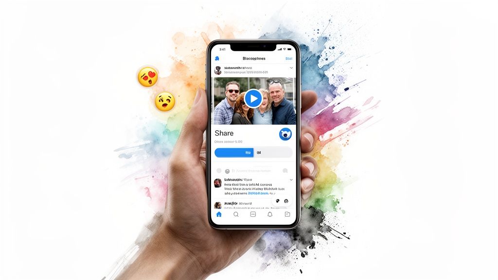 A hand holds a smartphone displaying a social media app with a video, share button, and emojis on a watercolor background.