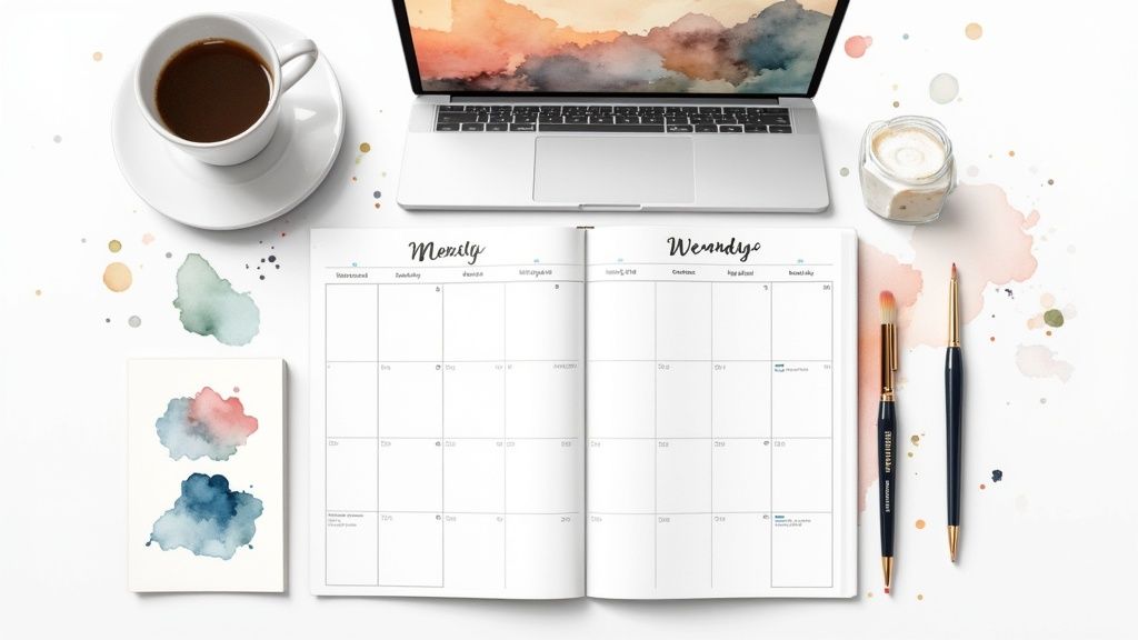 Organized workspace with laptop, planner, coffee cup, and watercolor paint swatches for productivity planning