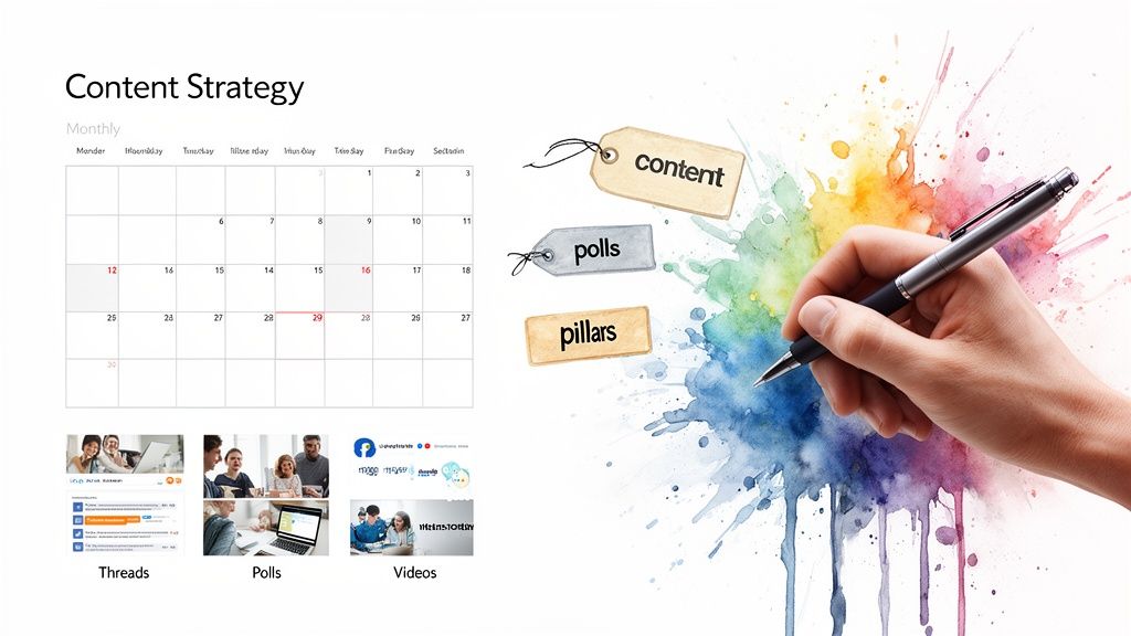 Image depicting a content strategy with a monthly calendar, content types, and creative elements.