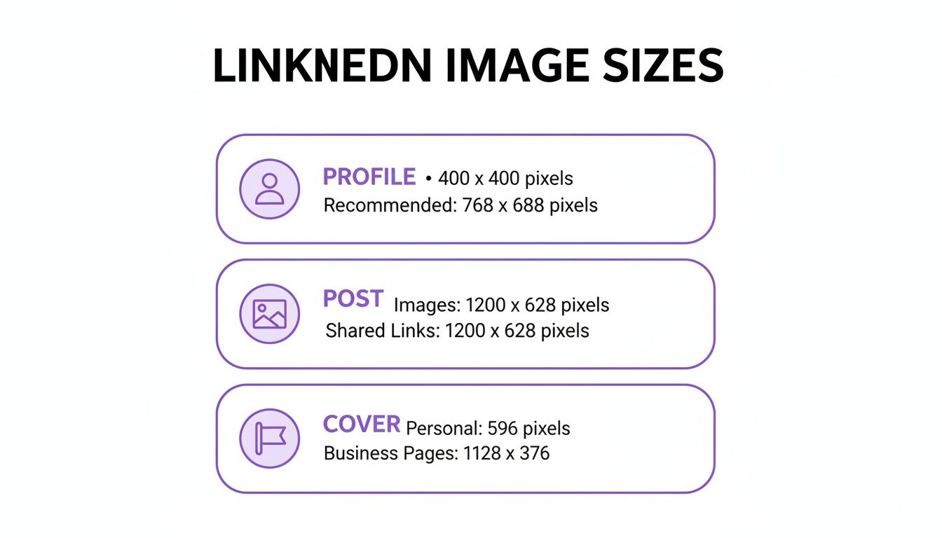 A guide detailing optimal image sizes for LinkedIn profiles, posts, and cover photos.