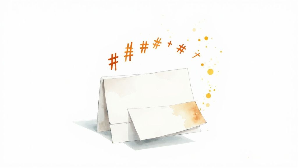 A watercolor illustration of a folded paper card with orange hash symbols and splashes bursting above it.