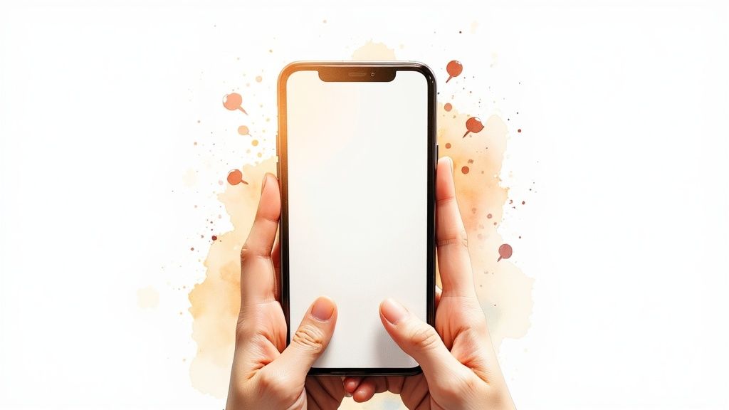 Hands holding a modern smartphone with a blank white screen against a watercolor splash background.