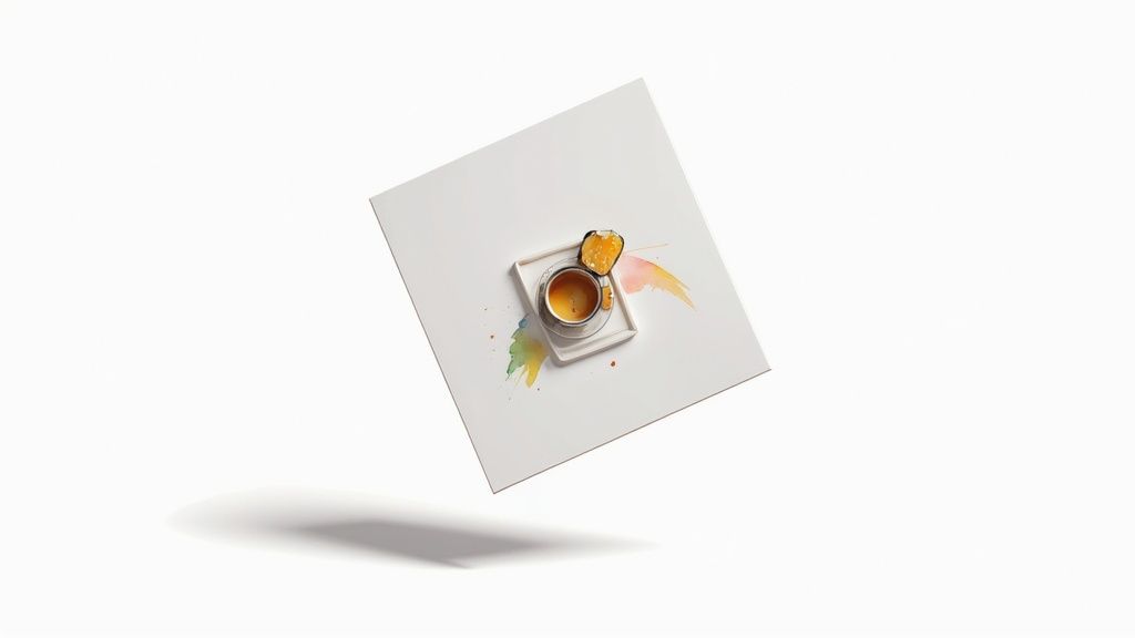 An artistic coffee cup with a citrus slice and watercolor splashes, floating on a white background.
