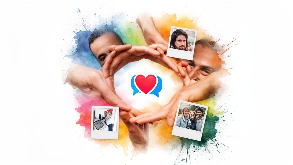 Diverse people's hands form a circle around a heart and chat icon, surrounded by candid photos.