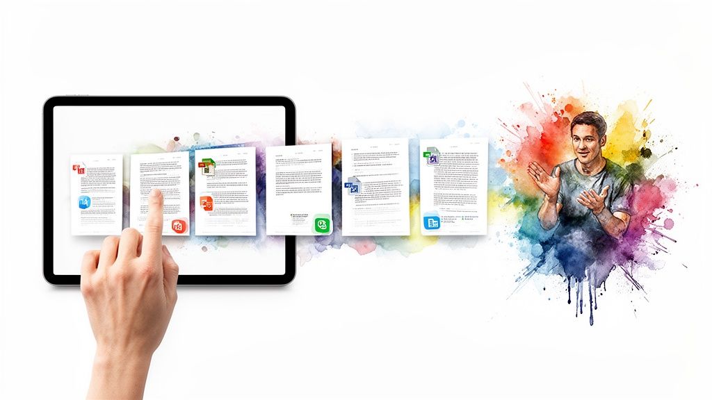 Digital workflow: A hand interacts with a tablet displaying documents, flowing towards a man in a watercolor splash.