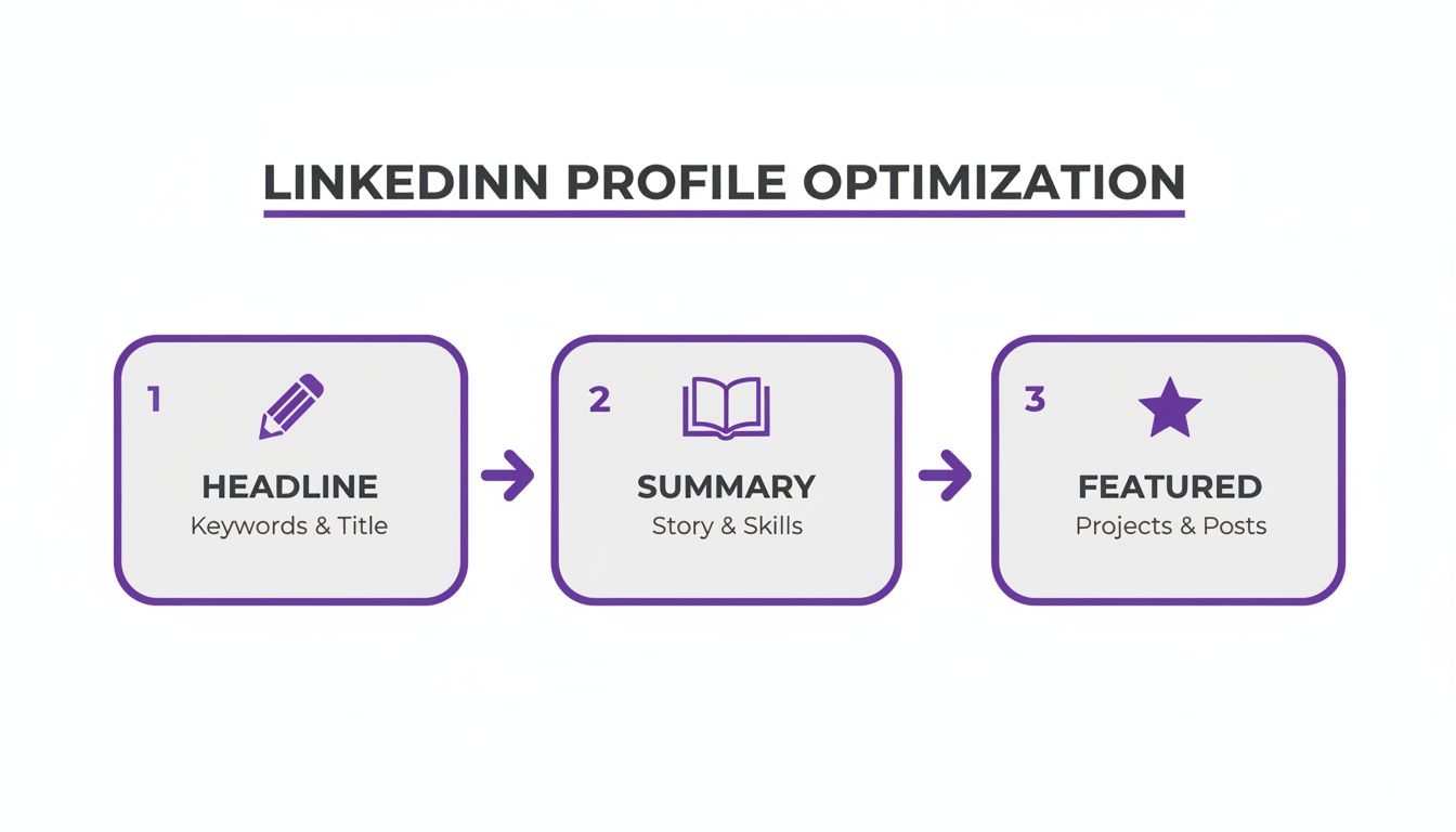 Flowchart showing three steps for LinkedIn profile optimization: Headline, Summary, and Featured sections.