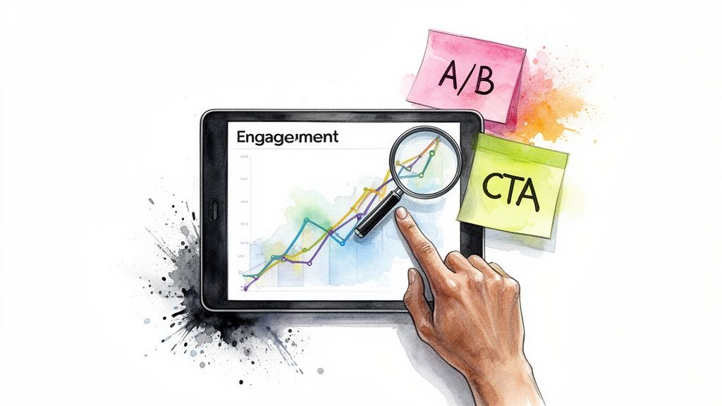 A hand uses a magnifying glass to analyze an engagement graph on a tablet, with A/B and CTA sticky notes.