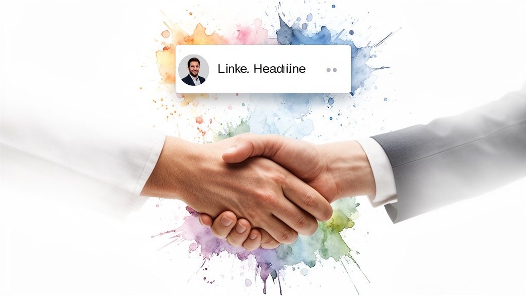 Two people shaking hands over colorful watercolor splatters, with a LinkedIn profile headline bubble above.